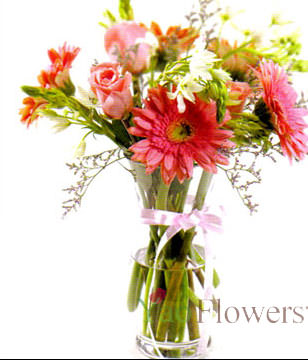 Pink rose 4, pink color flameray gerbera 4,Vase Included