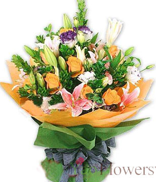 5 Pink Lilies , Pink Roses 12 , Purple Forgot-Me-Not