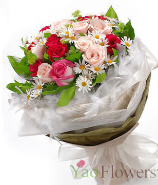 9 red roses, 11 pink roses , green leaves dotted