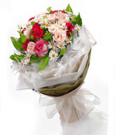 9 red roses, 11 pink roses , green leaves dotted