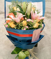 Lily,6 champagne roses, 5 pink roses , multi- D , crystal grass dotted