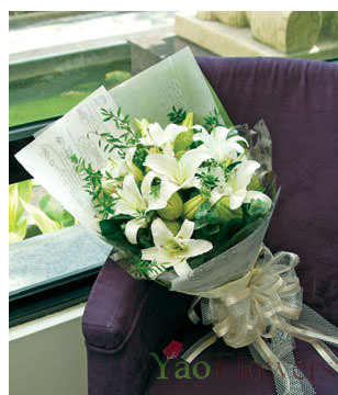 4 white Lilies green leaves interleaved