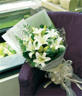 4 white Lilies green leaves interleaved