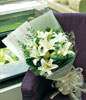 4 white Lilies green leaves interleaved