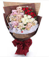 9 red roses, 9 white roses , 5 -inch bear holding Ferrero Rocher