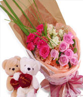 7 white roses, 7 pink roses  , 7 red roses , two Bear