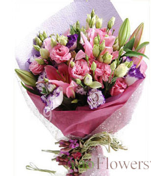 19 Pink Carnations,2 Pink Lilies,Green Leaves