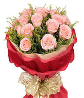 11 Pink Roses,Green Leaves