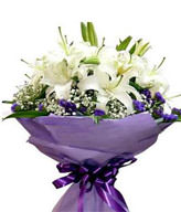 6 White Lilies, forget-me-not 