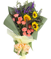 11 pink roses, 3 sunflowers.