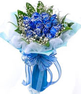 11 blue roses with baby's breath,