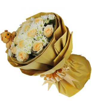 11 champagen roses?white daisies and a cute bear 