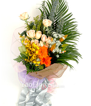 11 champagne roses, 3 white lilies