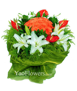 22 pink roses,4 white liles,4 flamingo flowers