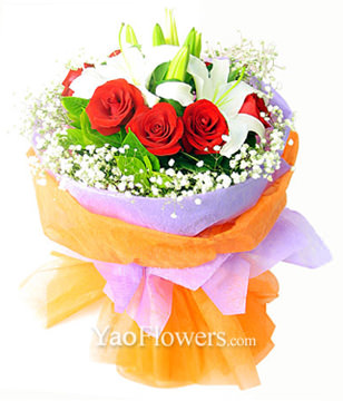 2 white lilium,9 red roses