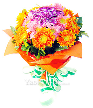 18 golden yellow daisies ,12 pink daisies, 10 carnations