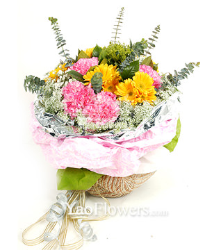 18 pink carnations,15 yellow gerbera
