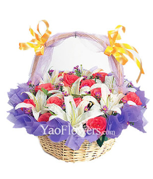 12 Pink Roses,6 White Lilium