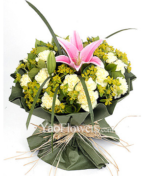 Pink lily,16 yellow carnations