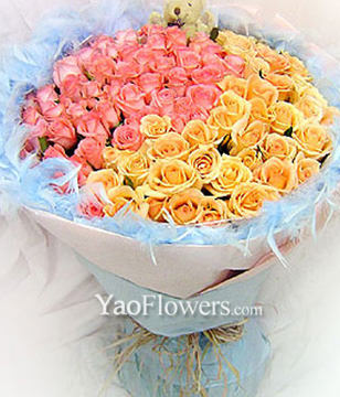 48 Pink Roses,51 Champagne Roses,1 Cute Bear