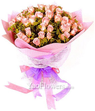66 pink roses, a gold leaf on the bar
