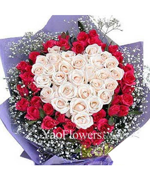White Rose 33 with heart-shaped, 33 Red Rose outside