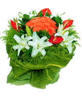 22 pink roses,4 white liles,4 flamingo flowers