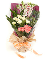 8 yellow carnations,4 pink common snapdragon,5 peach roses,10 Iris