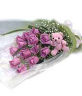 12 Purple roses,a lovely bear