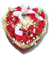28 Red Roses, A Chocolate, heart-shaped arrangement flowers