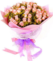 66 pink roses, a gold leaf on the bar