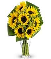 Yellow sunflowers mixed with Solidago and assorted greenery