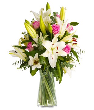 Caprice: white lilies and pink roses