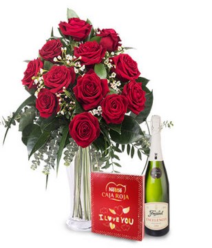 12 roses, chocolates, cava