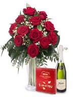 12 roses, chocolates, cava