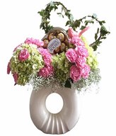 Vase Arrangement of Pink Carnation and Hydrangea with box of chocolate