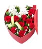 12 red roses with babybreath, and 2 cute bears arranged in a heart shape