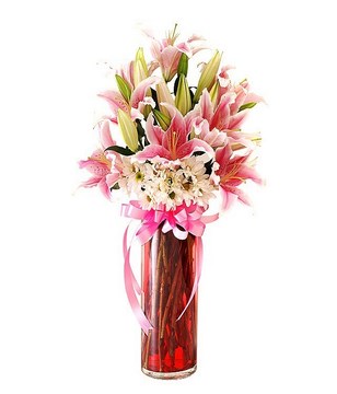 Pink Lilies with White Daisies in a Vase