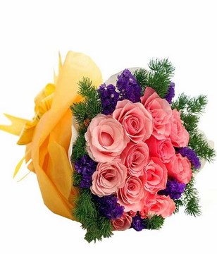 12 Pink Roses with Fillers Hand Bouquet