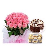 Pink roses bouquet, Black forest cake, and a box of chocolate