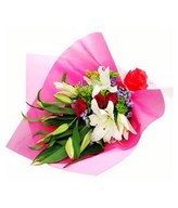 3 White Casa Lily with 3 Red Roses