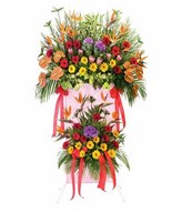 Big standing arrangement of gerberas, anthurium and greeneries