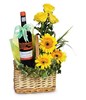 Red Wine & Arrangement of yellow roses and gerberas