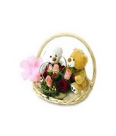 2 Teddies (6 inches each) with pink and red roses in a Basket