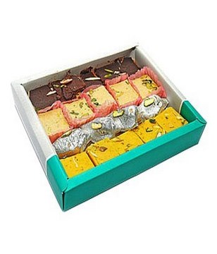 1 kg of Mawa Pista Barfi, Chocolate Barfi, Mawa Sankh and Kesar Barfi