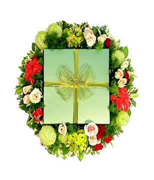 Box of Chocolate Cake with Flower Arrangement