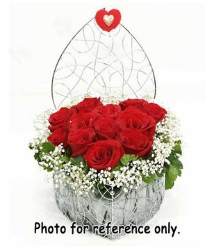 12 Red Roses With Heart Shape Basket