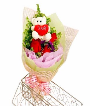 3 Stalks Red Roses With Small Bear