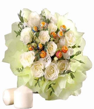 White roses, white eustoma, mini coin leaves and 10 lollipops