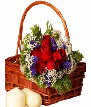 Bouquet of six stalks red roses, statis and baby's breath